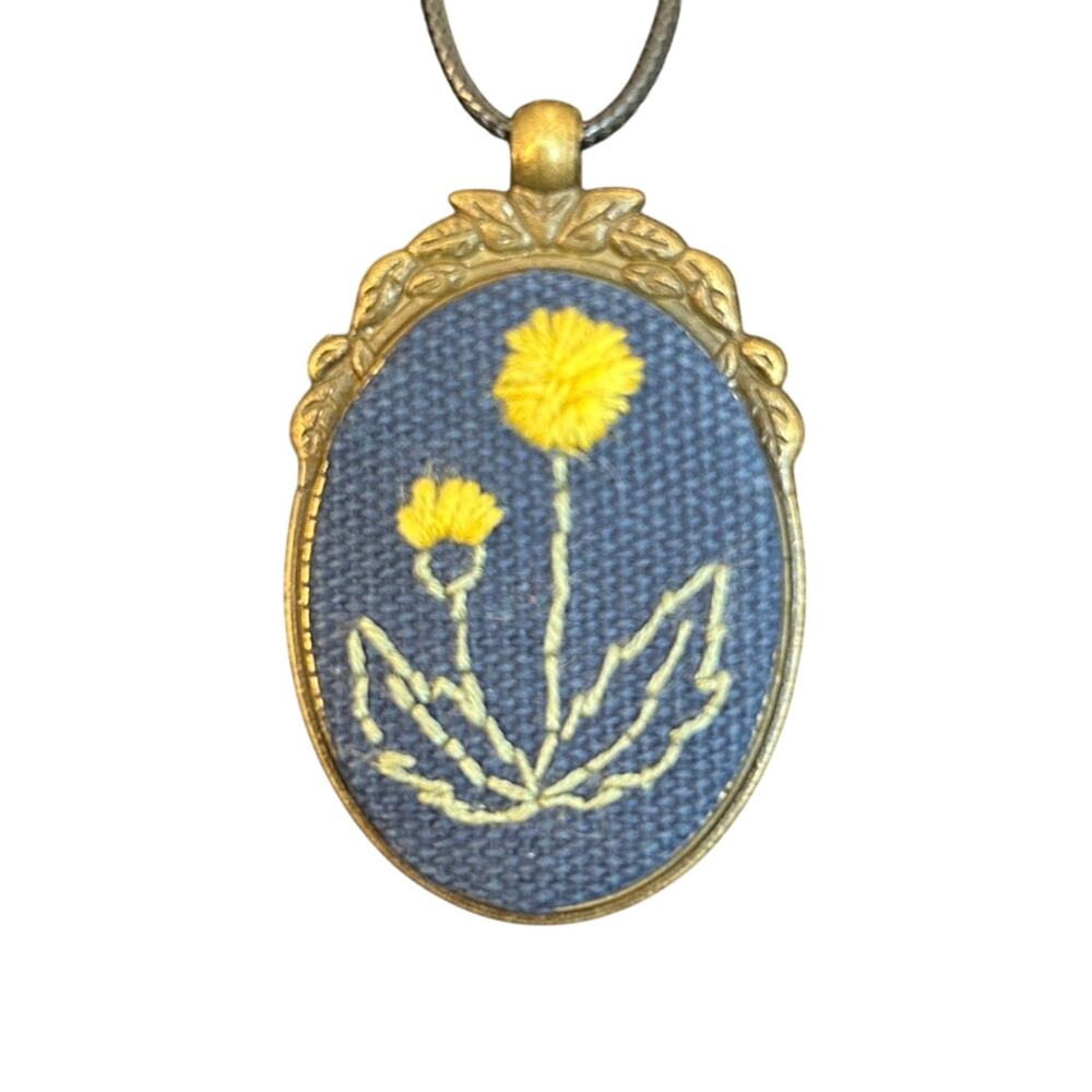 Daisy Bouquet on Blue Fabric Embroidery Necklace